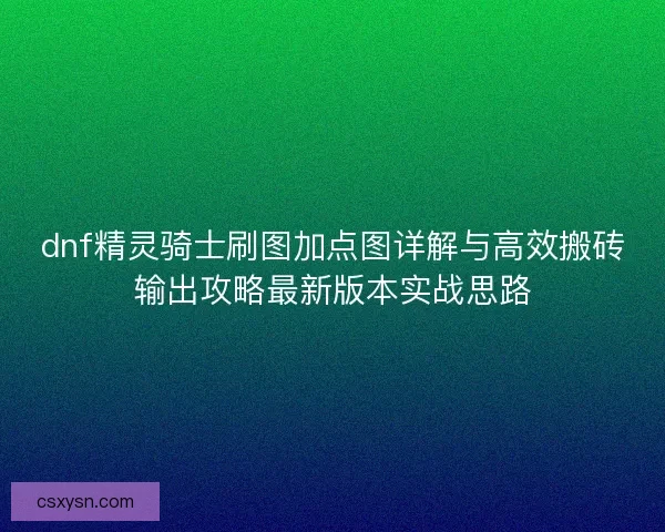 dnf精灵骑士刷图加点图详解与高效搬砖输出攻略最新版本实战思路